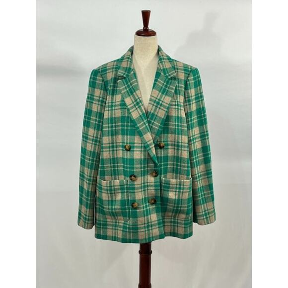 SEZANE Sz 46 14 Green Tan Check Plaid Wool Michele Jacket Blazer - Picture 2 of 12